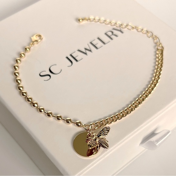 Bee Charm Bracelet 14k Gold Plated Half Bead Half Chain Bracelet - Picture 6 of 11